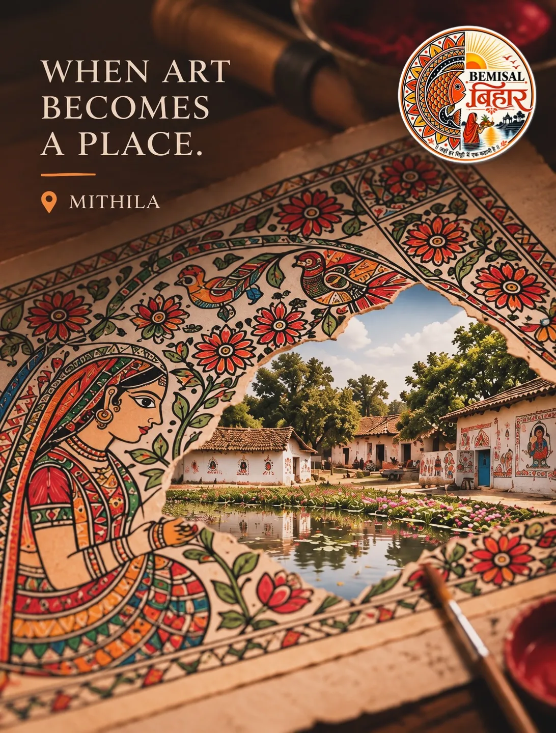 A Mithila painting of a woman and flowers, opening onto a village pond and houses with painted walls.